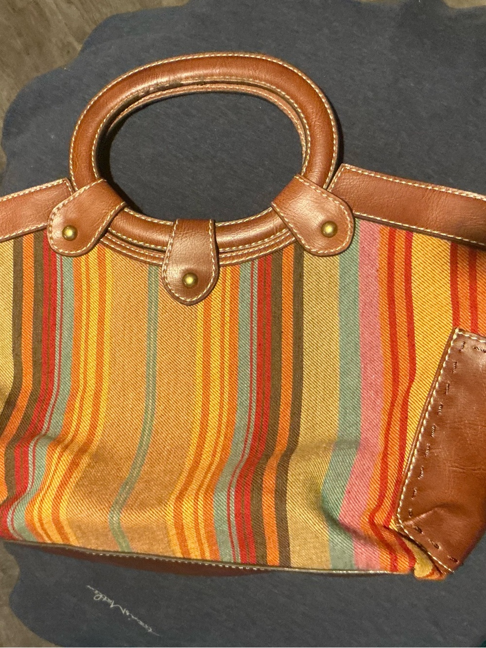 Striped Multicolor Canvas Tote with Brown Leather Trim